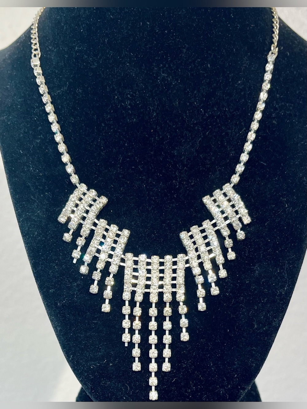 Vintage Silver Crystal Fringe Statement Necklace
